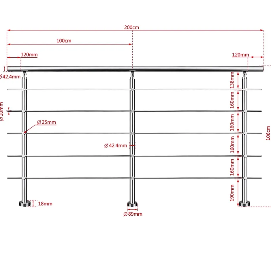 Kit garde corps en acier inoxydable a 5 traverses Longueur 100 cm Balustrade a fixation a plat pour terrasse ou escalier-Saniland Online