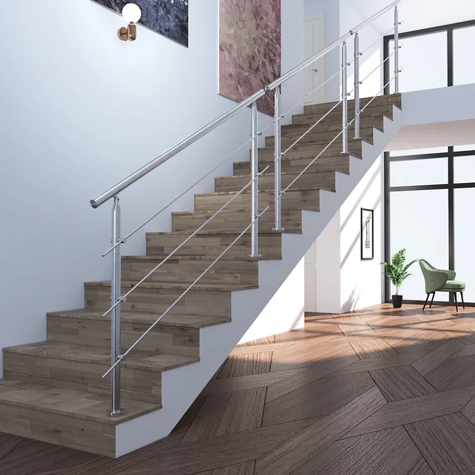 Saniland Kit garde corps en acier inoxydable a 3 traverses Longueur 200 cm Balustrade a fixation a plat pour terrasse ou escalier