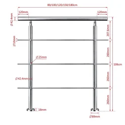 Kit garde corps en acier inoxydable a 3 traverses Longueur 180 cm Balustrade a fixation a plat pour terrasse ou escalier-Saniland New