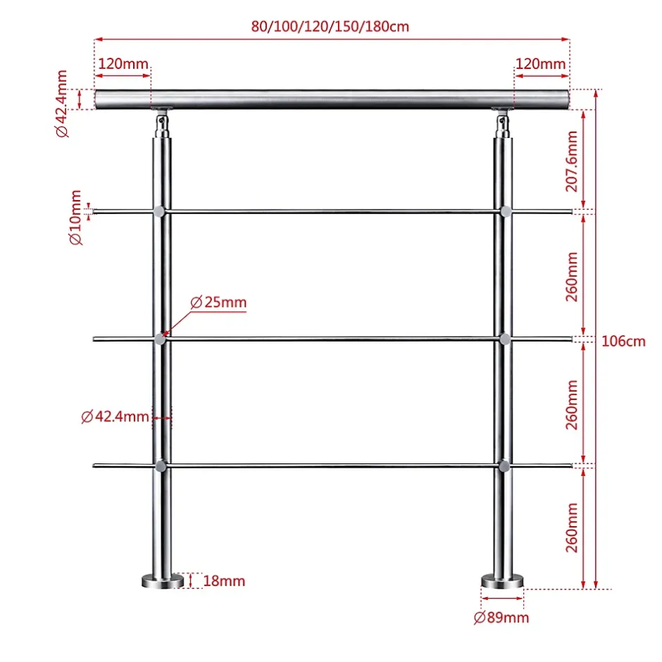 Kit garde corps en acier inoxydable a 3 traverses Longueur 180 cm Balustrade a fixation a plat pour terrasse ou escalier-Saniland New