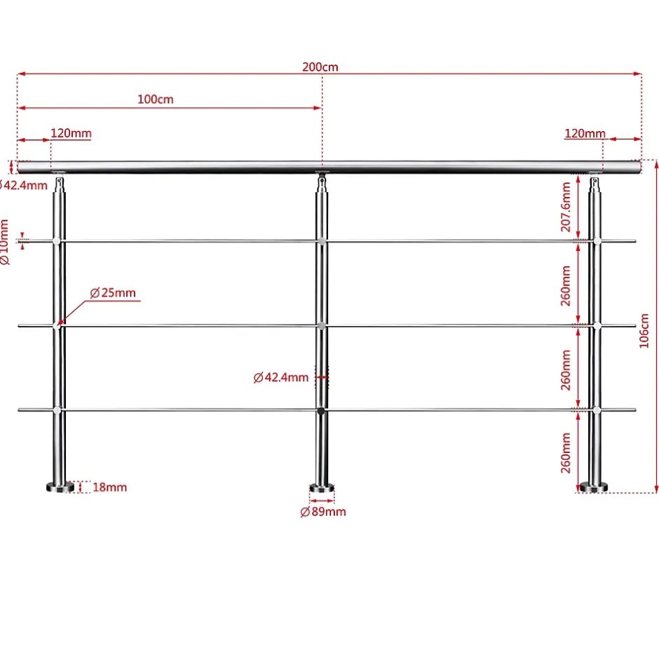 Saniland Kit garde corps en acier inoxydable a 3 traverses Longueur 150 cm Balustrade a fixation a plat pour terrasse ou escalier