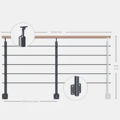 Kit garde-corps anthracite avec main courante hêtre 2m pose en applique, Opalu-Kordo New