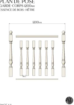 Decoparisienne Kit garde-corps bois massif tourné - Longueur 1200mm