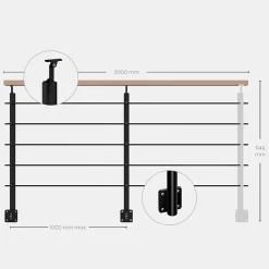 Kit garde-corps noir avec main courante hêtre 2m pose en applique, Opalu-Kordo
