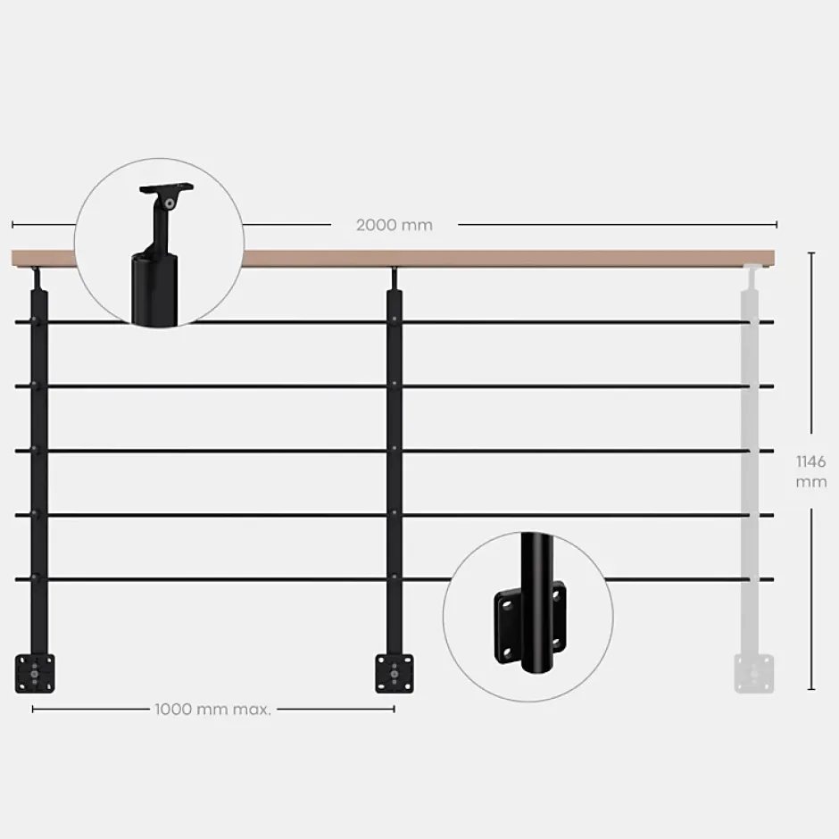 Kit garde-corps noir avec main courante hêtre 2m pose en applique, Opalu-Kordo