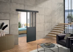 Kit porte 730 atelier noir verre clair avec rail bandeau decor assorti-Optimum Outlet