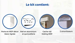 Kit porte coulissante 4 lignes - blanc lignée - + rail 2 amortisseurs + cache rail blanc - H 204 cm x L 83 cm-Optimum Discount