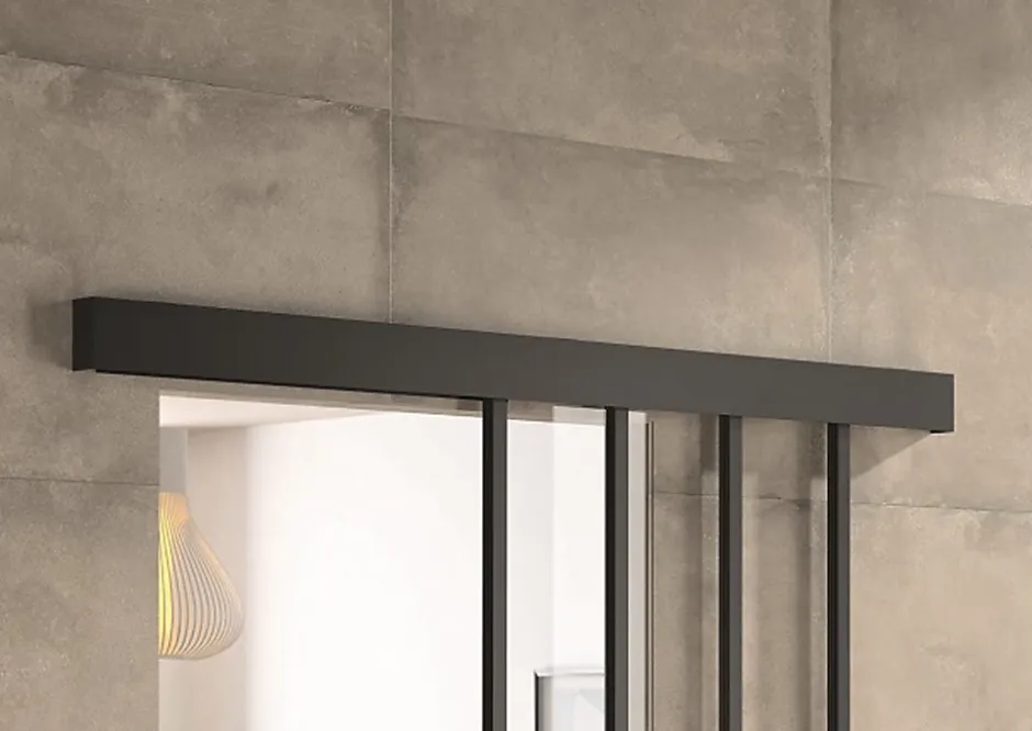 Optimum Kit porte coulissante en applique Atelier noir cadre en aluminium et verre transparent H 204 x 93 x 3,6 cm