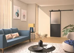 Optimum Kit porte Coulissante en applique Contemporain noir cadre en aluminium et verre dépoli Blanc H. 204 x 73 x 3,6 Cm