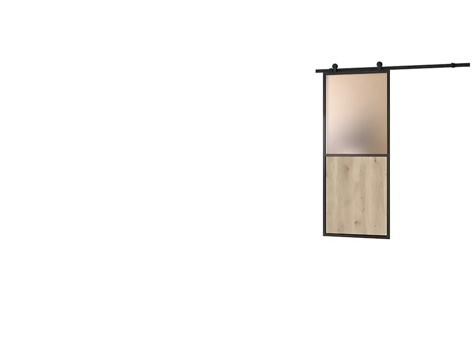 Kit porte Coulissante en applique Atelier noir chêne terra cadre en aluminium et verre dépoli Blanc H. 204 X 93 X 3,6 Cm-Optimum Outlet
