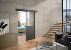 Kit porte coulissante en applique Contemporain noir cadre en aluminium et verre transparent H 204 x 93 x 3,6 cm H 204 x 93 x 3,6 cm-Optimum