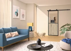 Optimum Kit porte Coulissante en applique Contemporain noir chêne terra cadre en aluminium et verre dépoli Blanc H. 204 x 73 x 3,6 Cm