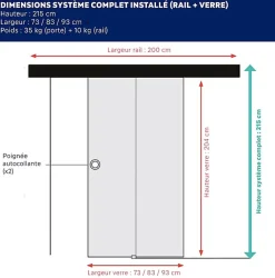Aurys KIT Porte coulissante en verre + Rail Coulissant Noir Coffrage - MONDO CLAIRE - H. 204 x L. 83 - Fabrication Française