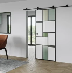 KIT Porte coulissante en verre + Rail coulissant apparent - MONDO OPAQUE VERTE - H. 204 x L. 93 - Fabrication Française NORM-Aurys Hot