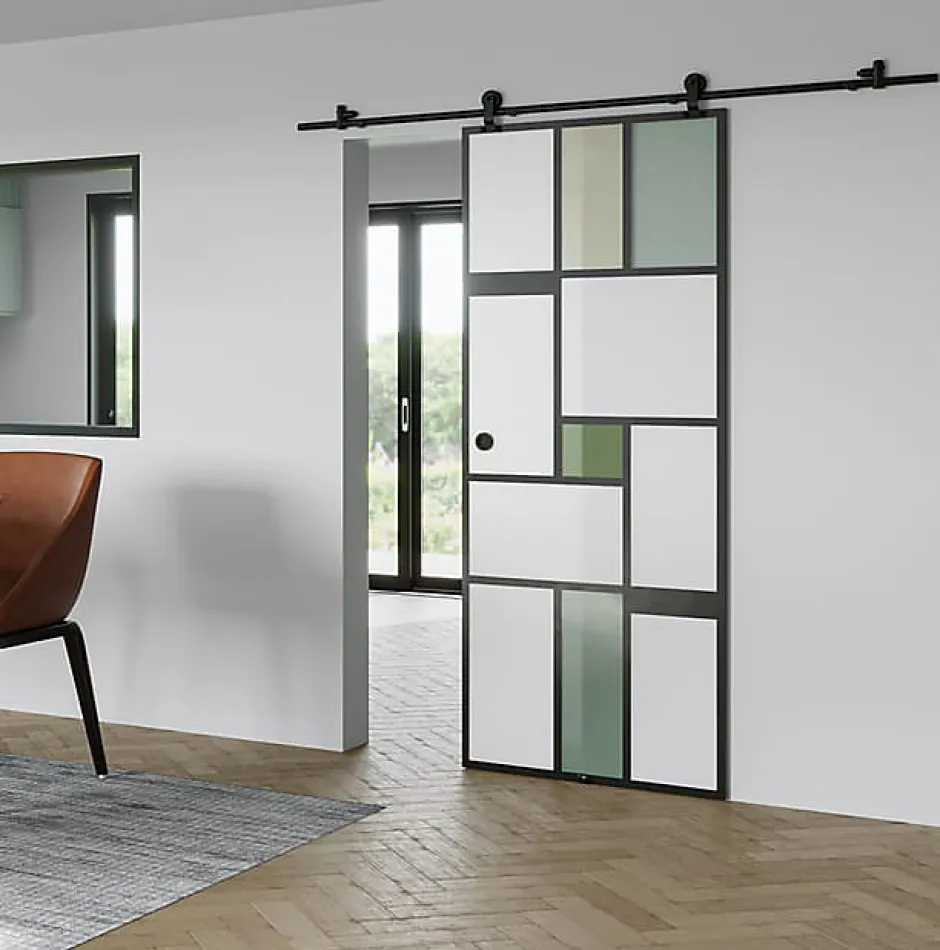 KIT Porte coulissante en verre + Rail coulissant apparent - MONDO OPAQUE VERTE - H. 204 x L. 93 - Fabrication Française NORM-Aurys Hot