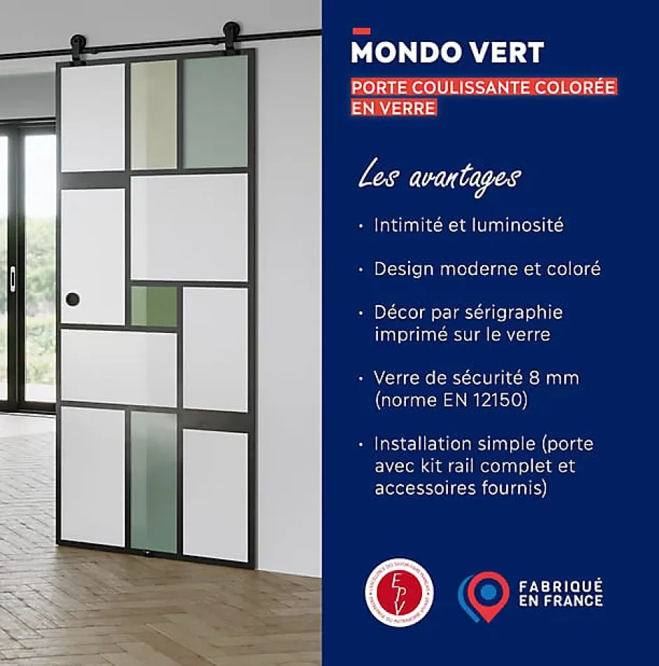 KIT Porte coulissante en verre + Rail coulissant apparent - MONDO OPAQUE VERTE - H. 204 x L. 93 - Fabrication Française NORM-Aurys Hot