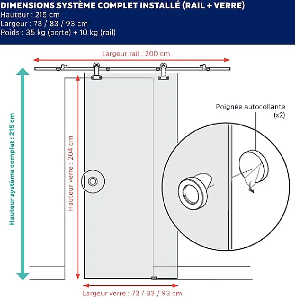 KIT Porte coulissante en verre + Rail coulissant apparent - MONDO OPAQUE VERTE - H. 204 x L. 93 - Fabrication Française NORM-Aurys Hot