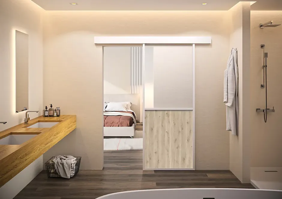 Optimum Kit porte coulissante en applique Contemporain blanc cadre en aluminium et verre dépoli Blanc H 204 x 83 x 3,6 cm