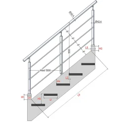 MySystem Kit Réno inox pour garde-corps d'escalier - 3 poteaux - Main courante - 3 barres sur supports transversaux et borgnes