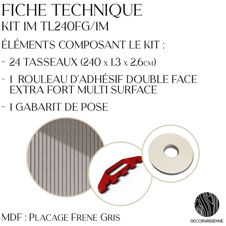 Kit tasseaux adhésif frêne gris - Gabarit de pose offert - Surface de 2,4 M2 - Panneau tasseau sur-mesure-Decoparisienne