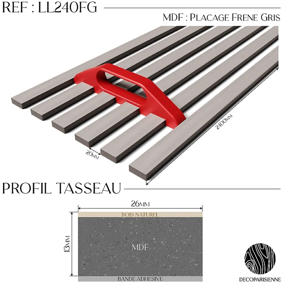 Kit tasseaux adhésif frêne gris - Gabarit de pose offert - Surface de 1,2 M2 - Panneau tasseau sur-mesure-Decoparisienne