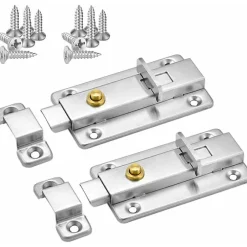 Deko Loquet de porte coulissante automatique à ressort flexible en acier inoxydable de 4 po avec bouton (paquet de 2, argent)