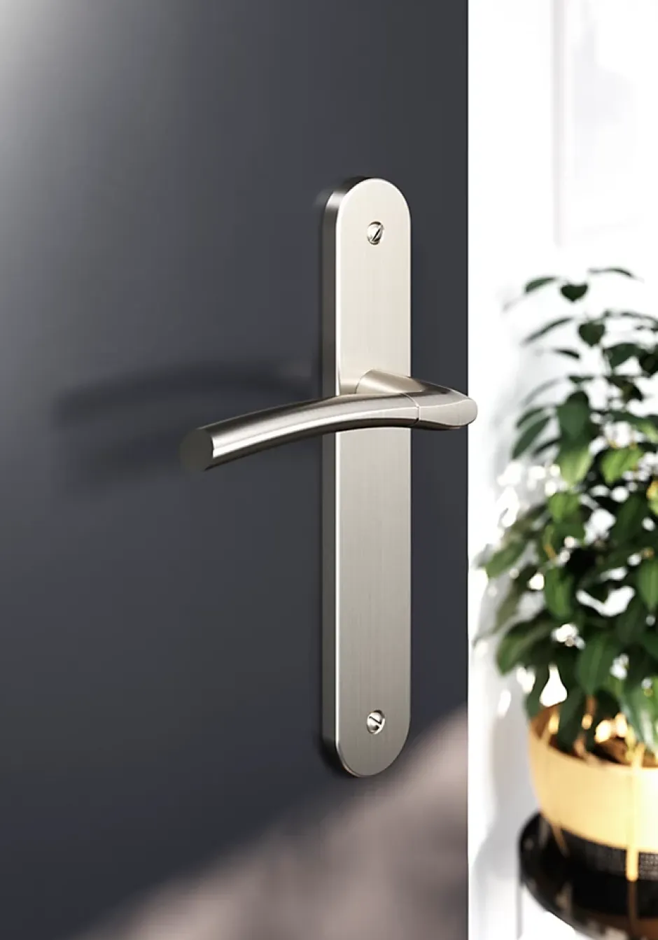 Lot 3 poignées sur plaque GoodHome Hirel effet nickel satin gris L.128mm x l.40mm entraxe 195mm