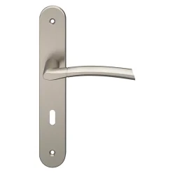 Lot 3 poignées sur plaque rond serrure GoodHome Hirel effet nickel satin gris L.128mm x l.40mm entraxe 195mm