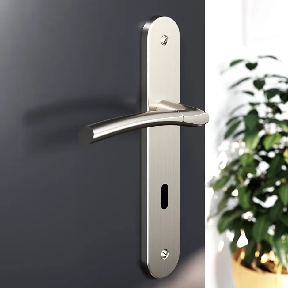 Lot 3 poignées sur plaque rond serrure GoodHome Hirel effet nickel satin gris L.128mm x l.40mm entraxe 195mm