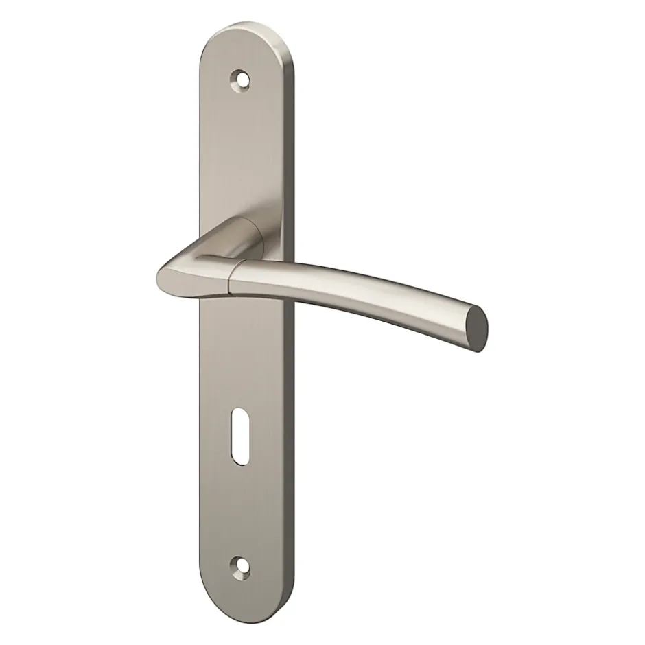 Lot 3 poignées sur plaque rond serrure GoodHome Hirel effet nickel satin gris L.128mm x l.40mm entraxe 195mm