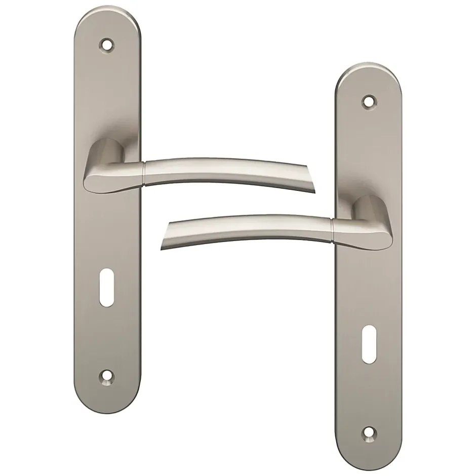 Lot 3 poignées sur plaque rond serrure GoodHome Hirel effet nickel satin gris L.128mm x l.40mm entraxe 195mm