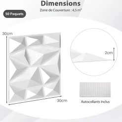 Lot de 50/100 Panneau Mural Decoratif en Diamant, Panneaux Muraux 3D en PVC, Imperméable & Résistant à Chaleur-Giantex New