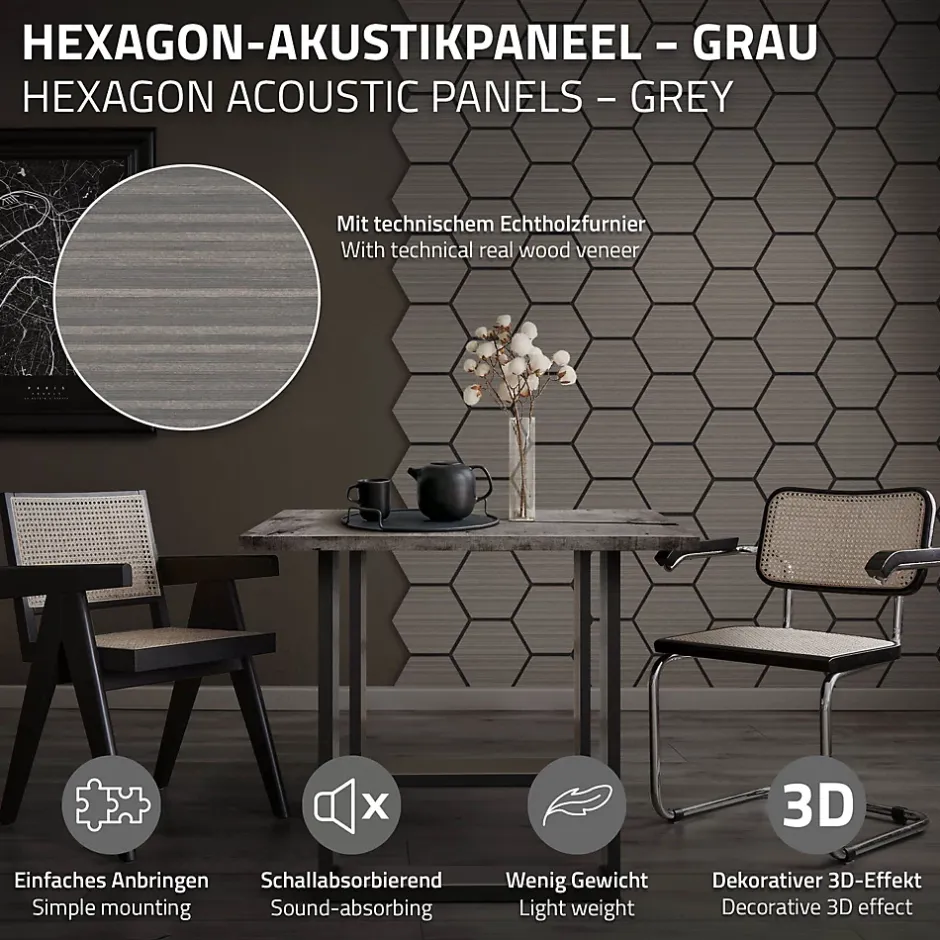 Lot de 2 panneaux acoustiques hexagonaux 66x81 cm 1m² isolation phonique gris-Ml-Design Online