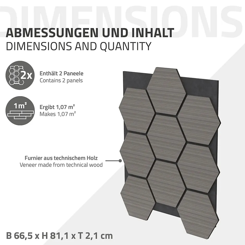 Lot de 2 panneaux acoustiques hexagonaux 66x81 cm 1m² isolation phonique gris-Ml-Design Online