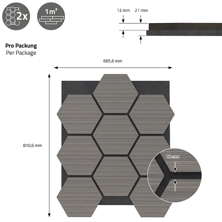 Lot de 2 panneaux acoustiques hexagonaux 66x81 cm 1m² isolation phonique gris-Ml-Design Online