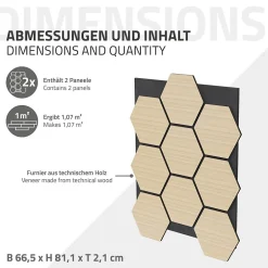 Ml-Design Lot de 2 panneaux acoustiques hexagonaux 66x81 cm 1m² isolation phonique chêne