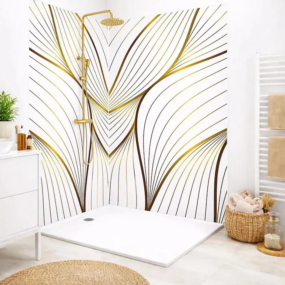 99Deco Lot de 2 panneaux de douche en PVC (90x220 & 120x220 cm) + profilés blanc - Sotma - Blanc et doré