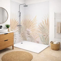 99Deco Lot de 2 panneaux de douche en PVC (90x220 & 120x220 cm) + profilés blanc - Motif végétal - Beige - Gaïa