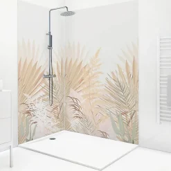 99Deco Lot de 2 panneaux de douche en PVC (90x220 & 120x220 cm) + profilés blanc - Motif végétal - Beige - Gaïa