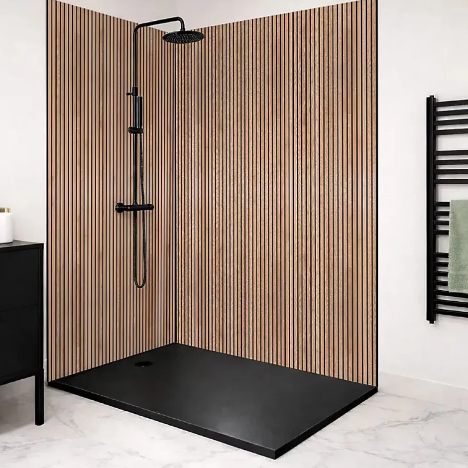 99Deco Lot de 2 panneaux de douche en PVC (90x220 & 120x220 cm) + profilés noir - effet bois - Japandi - Marron et noir