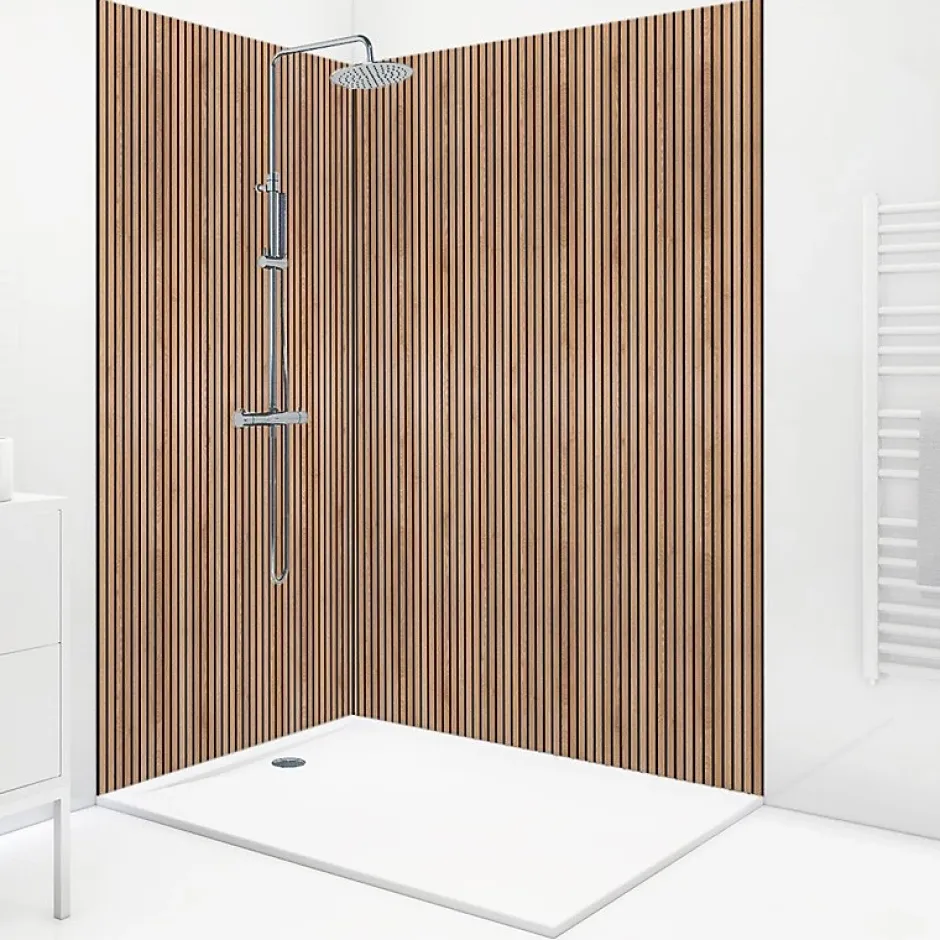 99Deco Lot de 2 panneaux de douche en PVC (90x220 & 120x220 cm) + profilés noir - effet bois - Japandi - Marron et noir