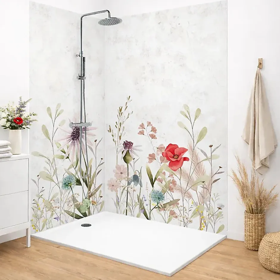 99Deco Lot de 2 panneaux de douche en PVC (90x220 & 120x220 cm) + profilés blanc - Herbier - Multicouleurs