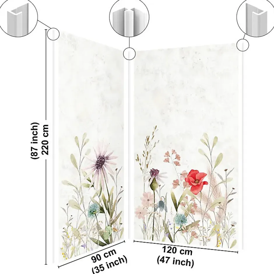 99Deco Lot de 2 panneaux de douche en PVC (90x220 & 120x220 cm) + profilés blanc - Herbier - Multicouleurs