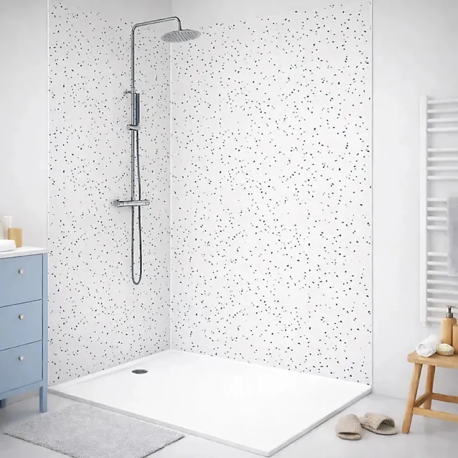 Lot de 2 panneaux de douche en aluminium (90x220 & 120x220 cm) + profilés blanc - Terrazzo Mineral - Multicolore-99Deco Outlet