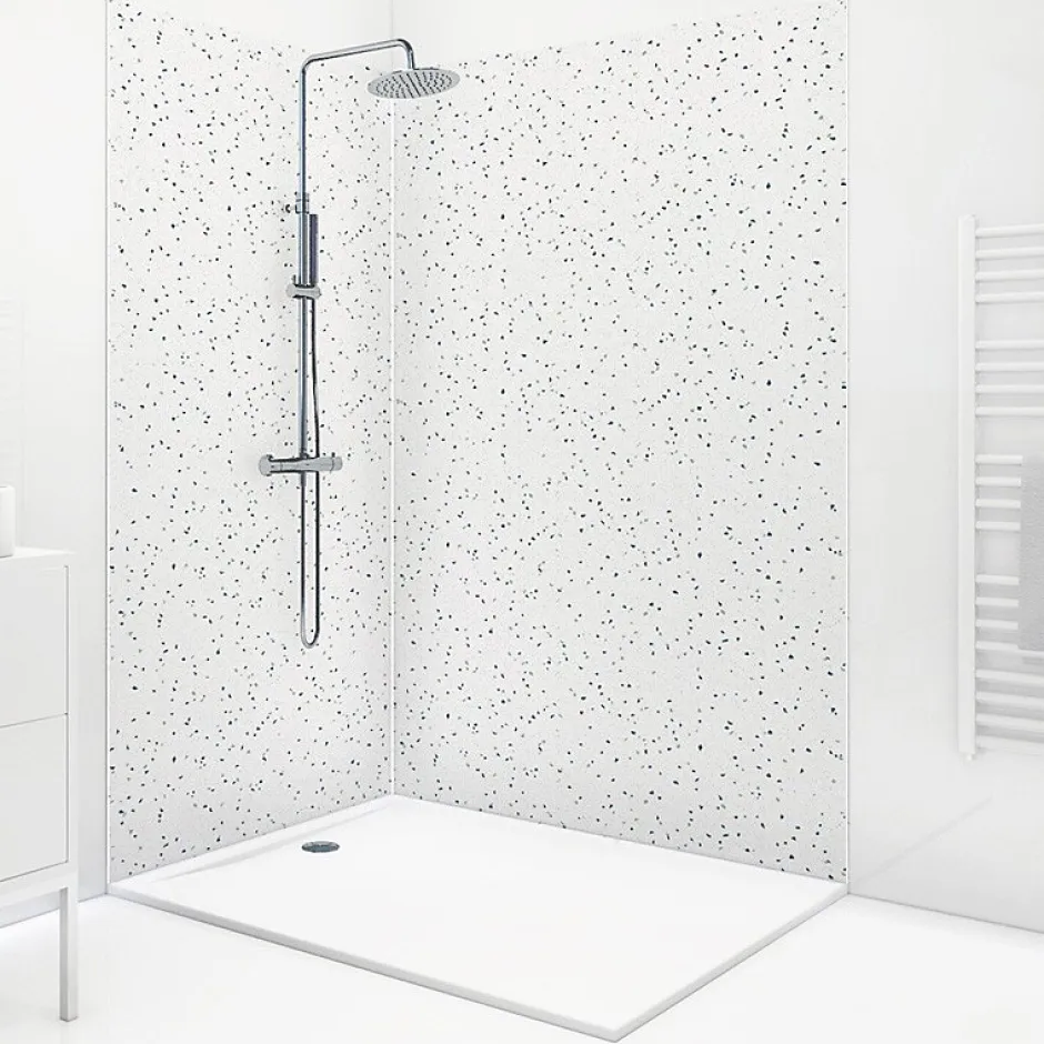 Lot de 2 panneaux de douche en aluminium (90x220 & 120x220 cm) + profilés blanc - Terrazzo Mineral - Multicolore-99Deco Outlet
