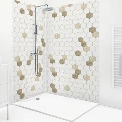 99Deco Lot de 2 panneaux de douche en PVC (90x220 & 120x220 cm) + profilés blanc - Charme - Hexa Bois - Marron