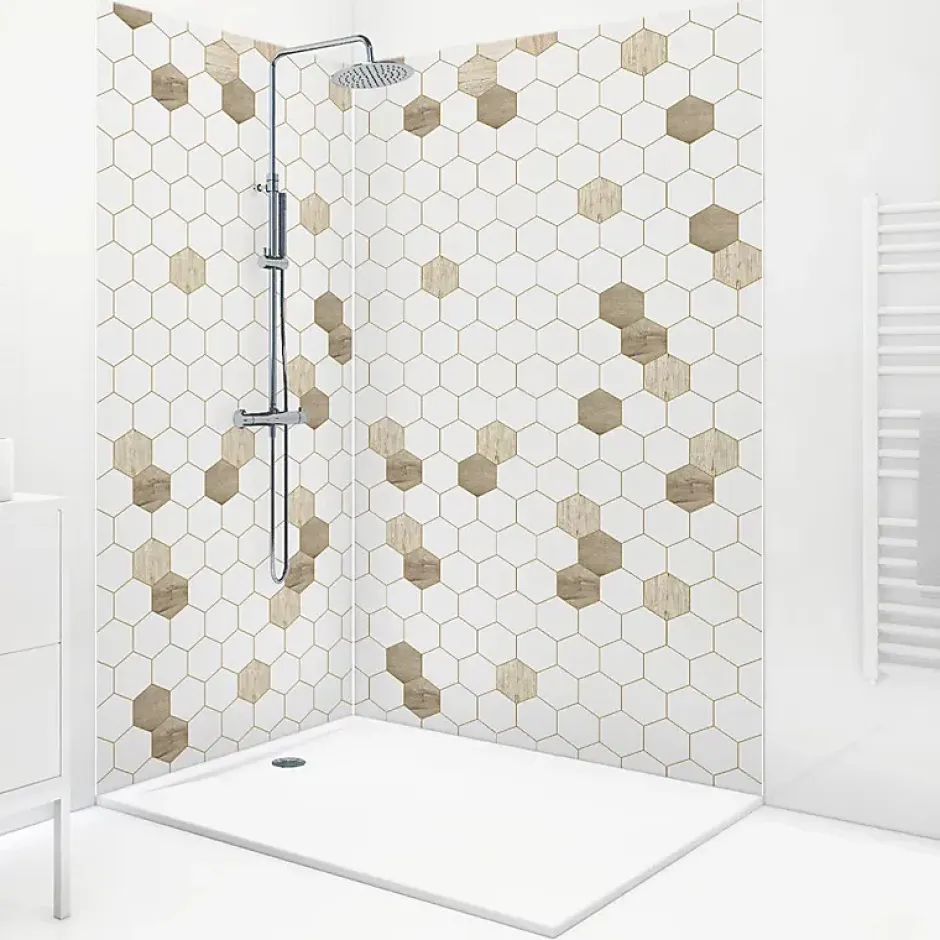 99Deco Lot de 2 panneaux de douche en PVC (90x220 & 120x220 cm) + profilés blanc - Charme - Hexa Bois - Marron