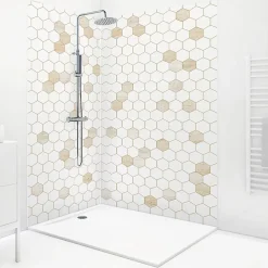 99Deco Lot de 2 panneaux de douche en PVC (90x220 & 120x220 cm) + profilés blanc - Hexa Travertin - Gris