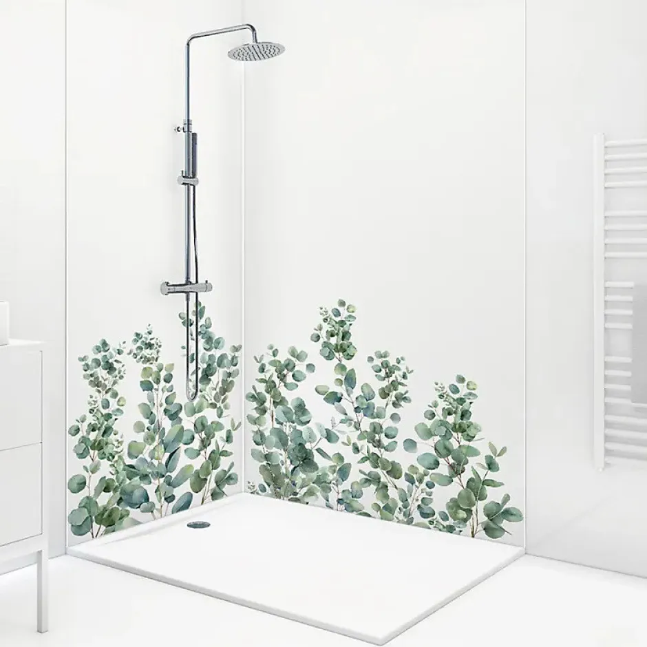 Lot de 2 panneaux de douche en aluminium (90x220 & 120x220 cm) + profilés blanc - Eucalyptus in Rain - Multicolore-99Deco Outlet
