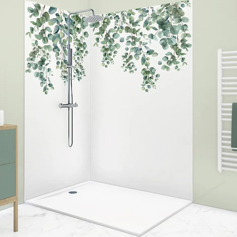 Lot de 2 panneaux de douche en aluminium (90x220 & 120x220 cm) + profilés blanc - Eucalyptus in Rain - Multicolore-99Deco Outlet